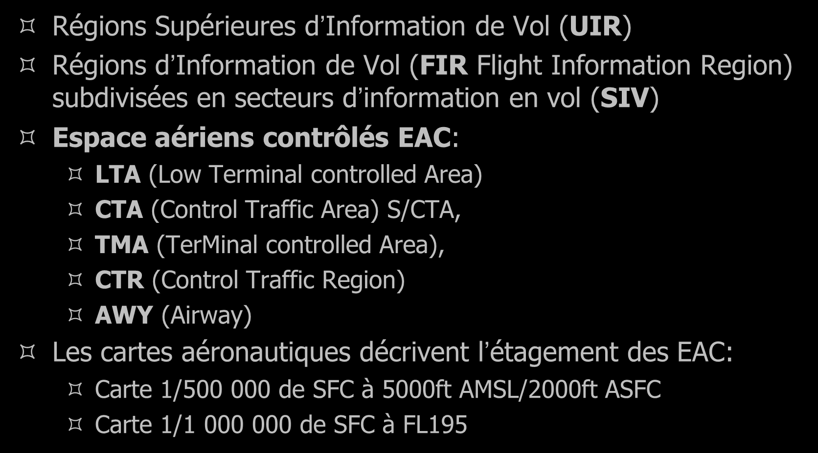 Partition de l espace aérien Régions Supérieures d Information de Vol (UIR) Régions d Information de Vol (FIR Flight Information Region) subdivisées en secteurs d information en vol (SIV) Espace