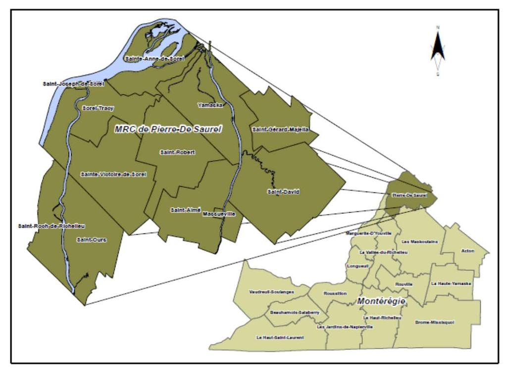 Carte 1 Régions administratives de la Montérégie Le territoire de la MRC est délimité par : Au nord : Le fleuve Saint-Laurent; Au nord-est : La municipalité de Saint-François-du-Lac (MRC de Nicolet-