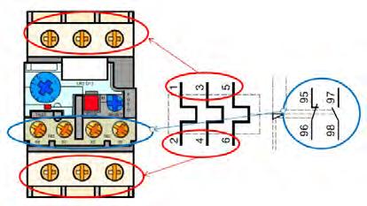 Le relais thermique utilisé dans la puissance (entourer en rouge) et dans la commande (entourer en bleu) 4.