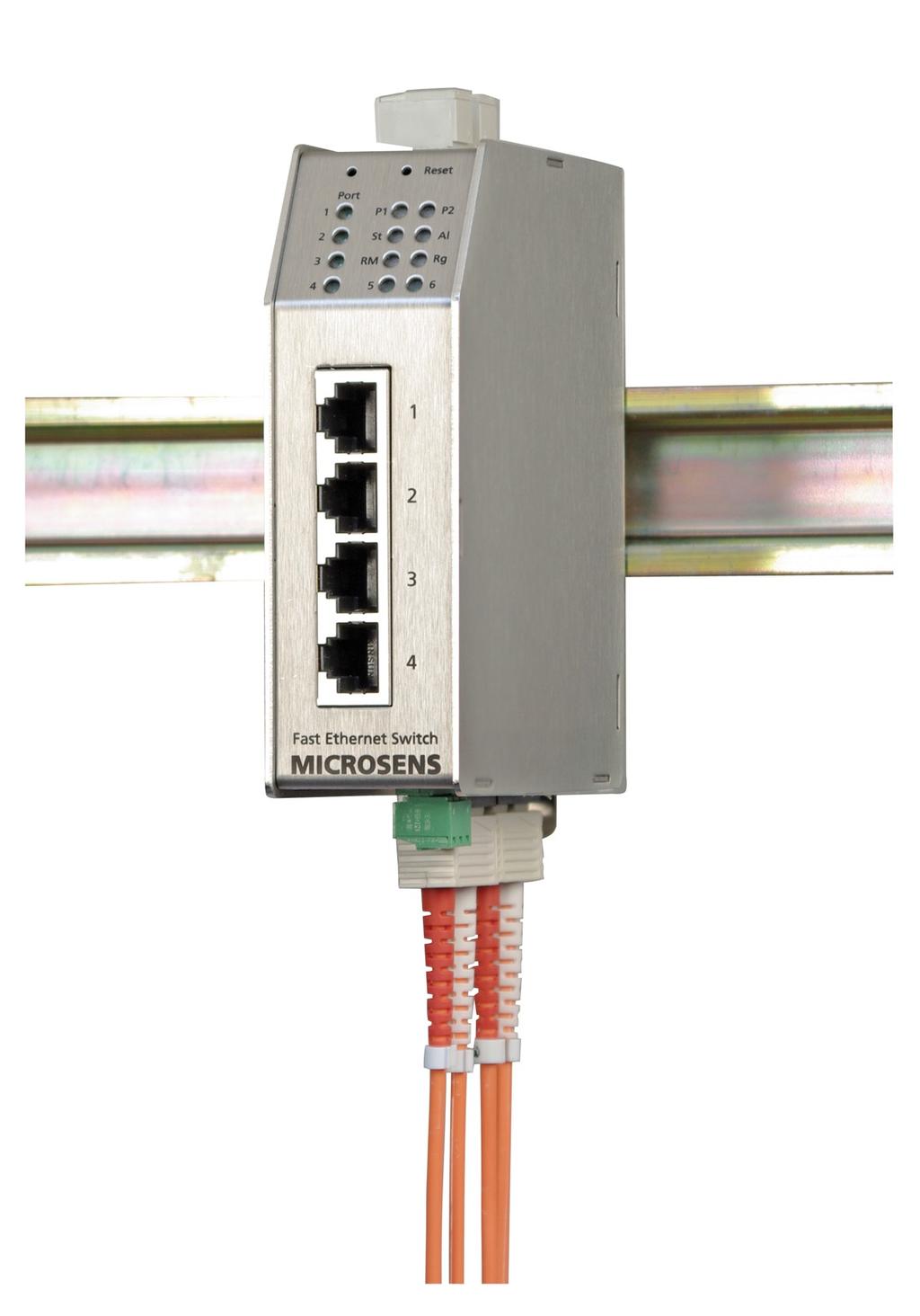 Brève description Switch industriel Fast Ethernet 6 ports, pour structures en anneau Description Le switch industriel 6 ports est équipé de 4 ports 10/100-TX et 2 ports Fibre Optique 100Base-FX pour