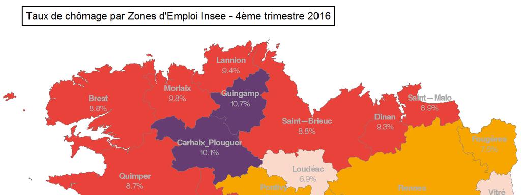 Le taux de chômage Tableau 2 Taux de chômage local, départemental, régional et national 4ème trimestre 2016 Taux de chômage (en %) Evolution sur 1 trim.