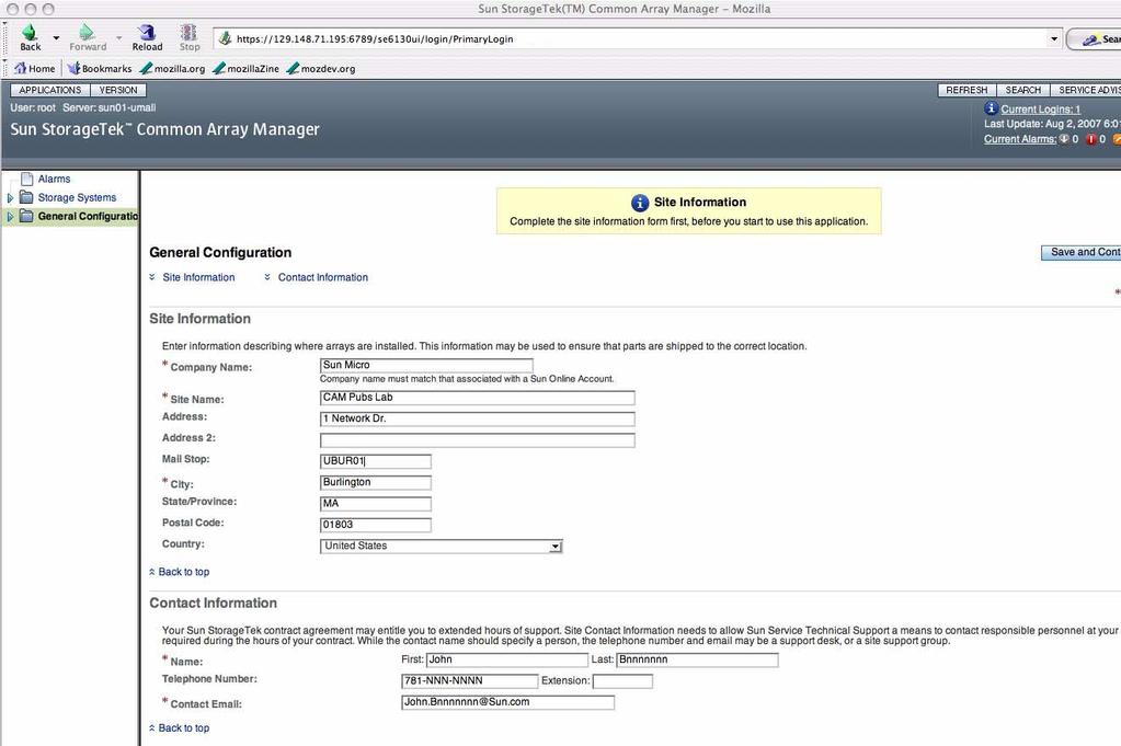 Saisie des informations sur le site L ouverture du logiciel Common Array Manager après une installation initiale entraîne l affichage de la page Configuration générale.