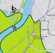 en l espace de 30 minutes pour un piéton (zone orange sur la base d une vitesse moyenne de 4 km/heure) et un cycliste (zone verte, avec une