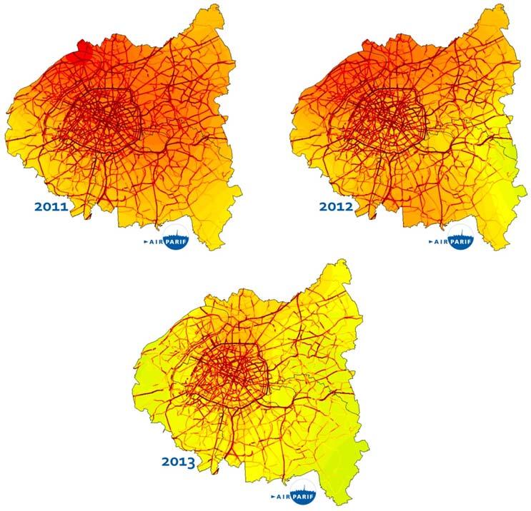 Figure 2 : Nombre de jours de dépassement de la valeur limite journalière européenne en particules PM10 sur la petite couronne francilienne, fond et proximité au trafic routier, de 2007 à 2013 Ces
