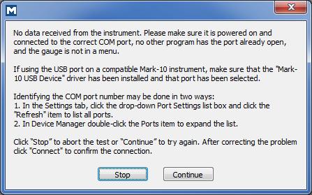 Confirmez que l instrument est connecté, en marche, et configuré de façon appropriée. 2. Message d erreur : «No data received from the instrument.