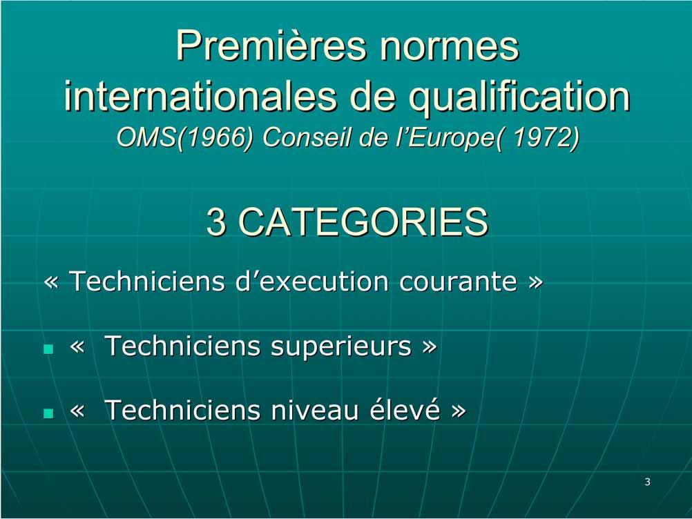 Premières normes internationales de qualification OMS(1966) Conseil de l Europe( l 1972) 3