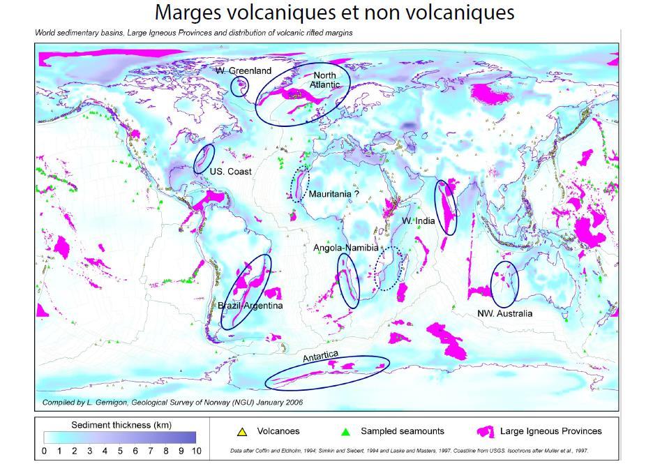 Figure : distribution des marges volcaniques à la surface du globe b. Structure des marges passives appauvries en magma : exemple des marges de l Atlantique *Structure superficielle (croûte sup.