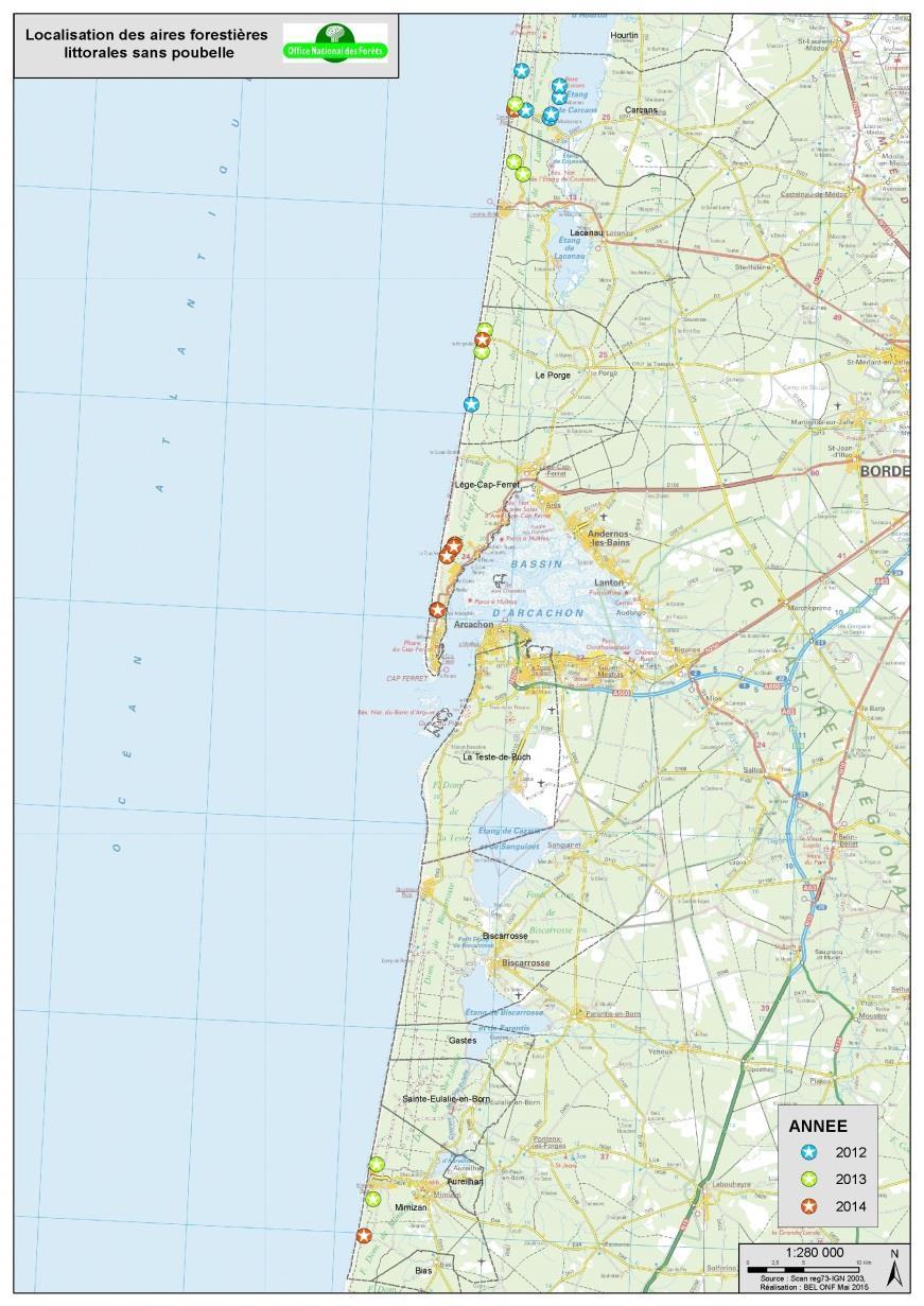 SITES SANS POUBELLE : Des sites déséquipés depuis 2012 progressivement - 2012 2013 : tests sur des sites restreints (aire de pique niques, accès plage), 8 en Gironde et 2