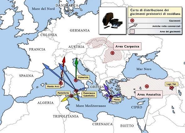 Carte de distribution des gisements d'obsidienne à la préhistoire -