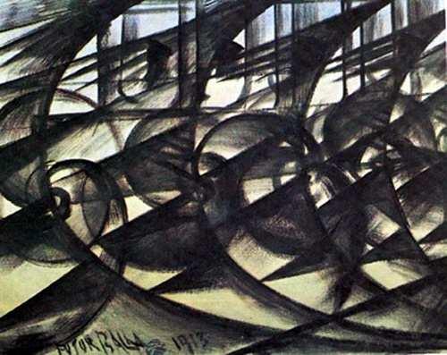 Deux œuvres : 1 2 Giacomo BALLA La Vitesse abstraite, 1913, huile sur toile, 50 x 65,5 cm Elisabeth CAMPBELL Crashing tables moments crashing.