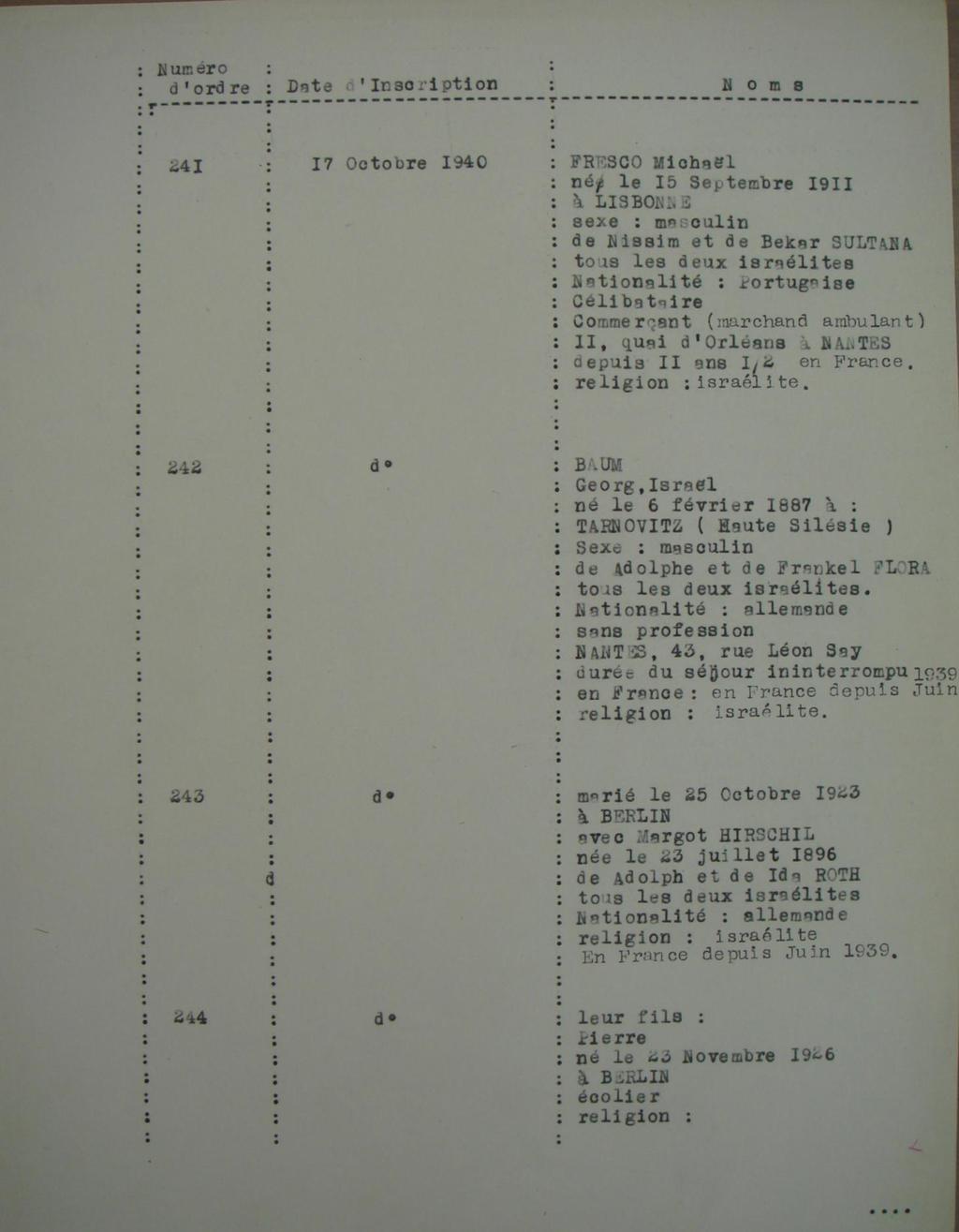 Document 3b : Registre de recensement, exemplaire dactylographié, octobre 1940.