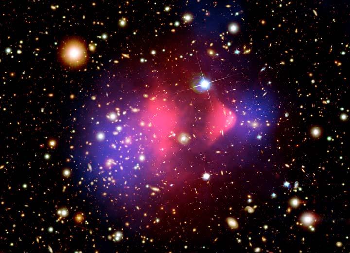 La matière noire 1E 0657-56 collision entre deux amas de galaxie (2006) Galaxies en lumière visible : Hubble Effets de lentille gravitationnelle dus à la matière : Hubble Emission de rayons W par gaz