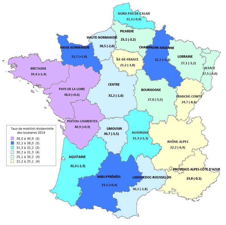 Mobilité résidentielle en 2014 (en %) (Variation annuelle moyenne 2011-2014 : en %) (Source : CLAMEUR /août 2014/) France entière en 2014 : 25,9 % (variation annuelle moyenne 2011-2014 : -2,4 %) la