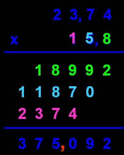COURS 22 : Multiplication de deux décimaux Pour multiplier à la main deux nombres décimaux : 1. On multiplie les deux nombres en ignorant les virgules. 2. On place la virgule dans le produit en sachant que le résultat doit avoir autant de décimales que les deux facteurs réunis.