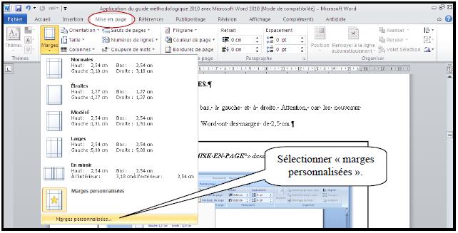 Application du guide de présentation d un travail écrit avec Microsoft Word 2010 4 B. Modifier les marges.