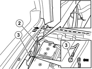 Tirer le faisceau de câblage conformément à l'illustration. Relever le panneau de seuil du côté gauche et placer le faisceau de câblage dans l'espace du bord arrière du support gauche de plancher.