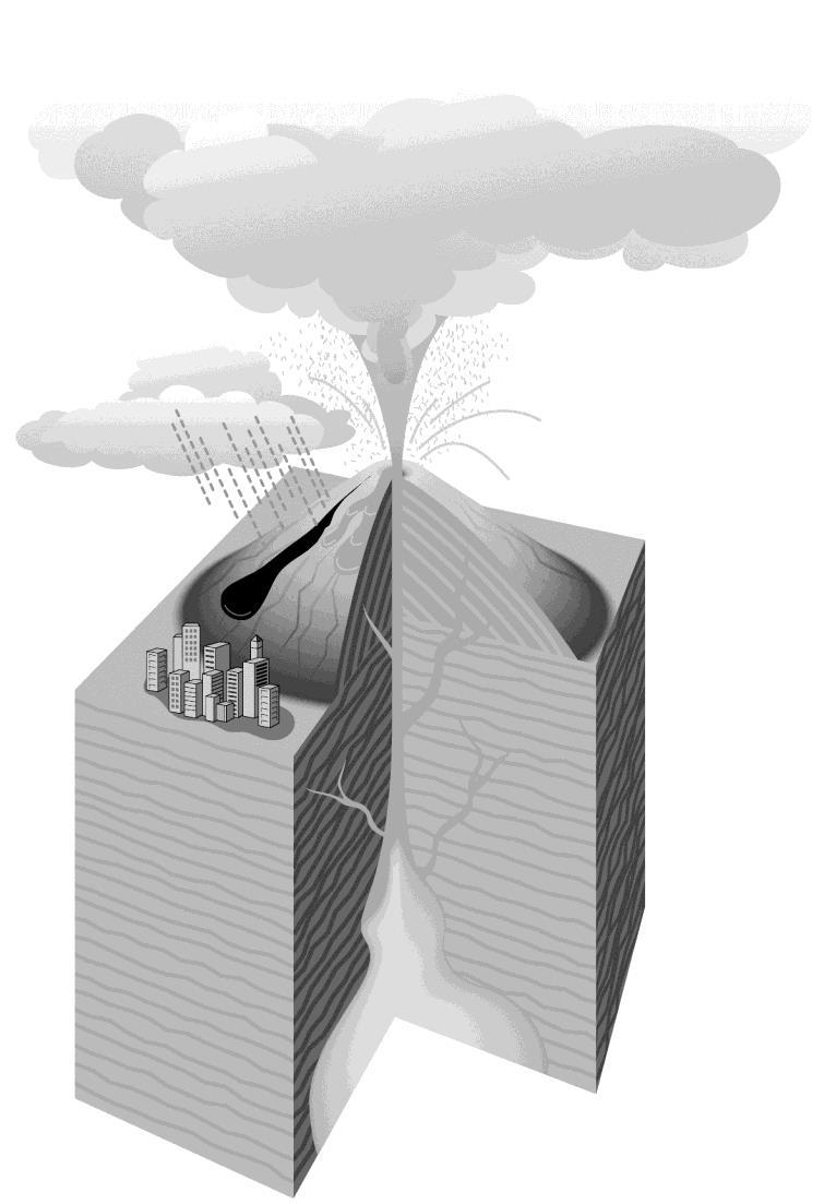b) L illustration ci-dessous montre ce qui se produit lors d une éruption volcanique. Précisez à quoi correspond chacune des lettres. E D F C B A. Réservoir magmatique B. Cheminée C. Cratère D.
