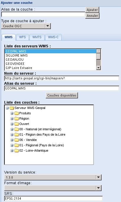 Figure 21 : Ajout de couche WMS 5.1.4.2. L ajout d une couche WFS L'ajout de couches WFS permet d'ajouter une couche issue d'un serveur WFS distant.
