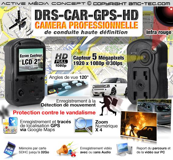 DRS-CAR-GPS-HD Caméra boîte noire dashcam pour voiture audio vidéo HD 1080P, GPS et détection de mouvement Camera boite noire "dashcam" pour voiture audio video HD 1080P 5 Mégapixels avec module GPS,