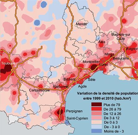 Décrire les dynamiques spatiales à l échelle régionale. La croissance de la population de 1999 à 2010 L évolution de la population entre 1999 et 2010 en Languedoc Roussillon.