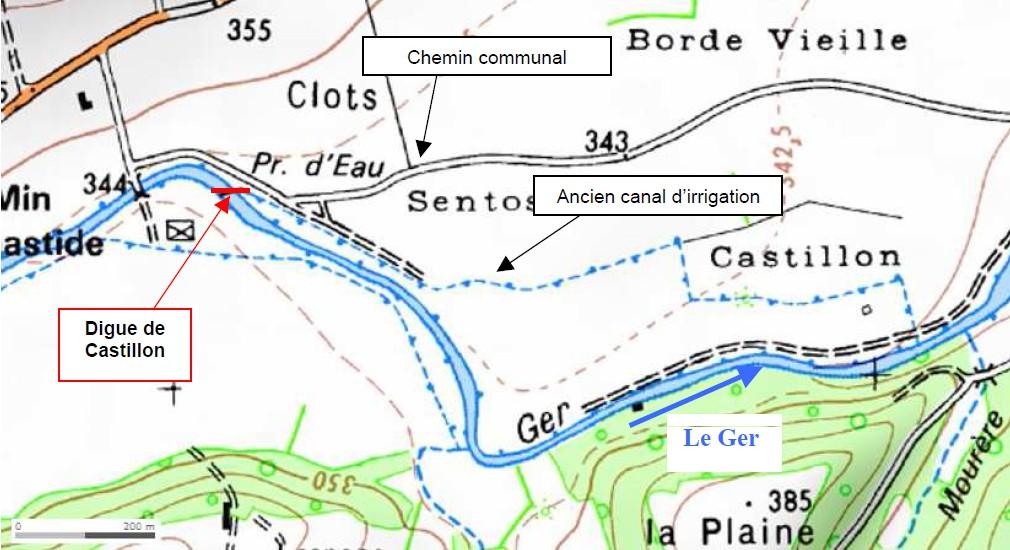 1) Localisation du seuil / barrage : La digue de Castillon (référencée «ROE 87652» dans le référentiel national des obstacles à l écoulement)