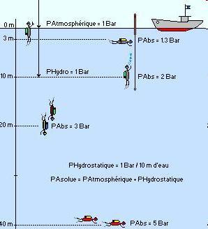 La pression absolue (P Abs), subie par le plongeur est : P