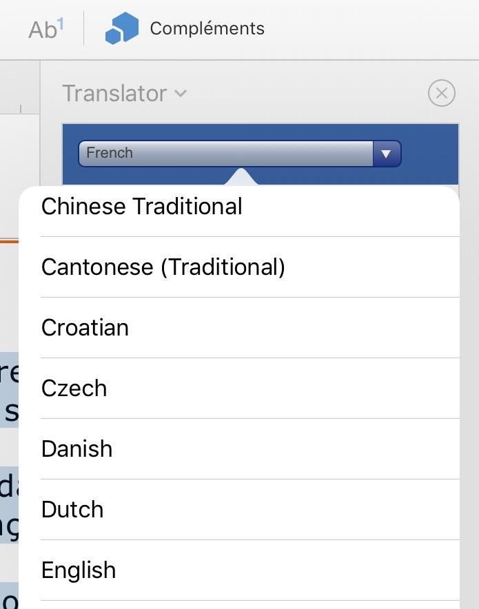 Placez ensuite le curseur où vous voulez insérer la traduction générée par Translator, puis dans la boite de traduction résultante