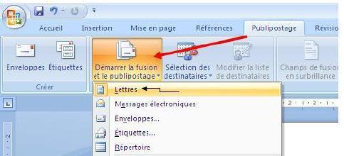 Cliquez sur le type du document de base (dans l exemple, «Lettres»). L option «Document Word normal» sert à convertir le document de base contenant des champs, en un champ normal, dénué de liens.