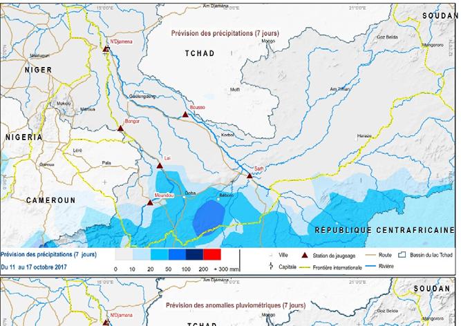 Analyse de la prévision des précipitations (11 au 17 octobre 2017) La carte ci-dessous montre : 1) la distribution spatiale des prévisions de précipitations sur le bassin Chari/Logone du 11 au 17
