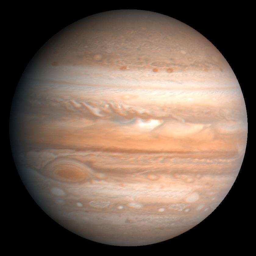 Jupiter : Diamètre: 139 000Km soit 11 fois celui de la Terre. Masse: 318 masses terrestres. Période de révolution: 11,8 années terrestres. Période de rotation: 9H55min.