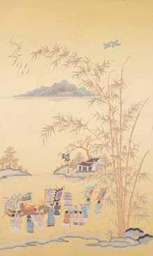 426 427 426 PANNEAU en satin de soie jaune, à décor, brodé aux fils polychromes, d une procession sur fond d un paysage de mer et de montagnes ombragé de bambous. Chine, XX e siècle.