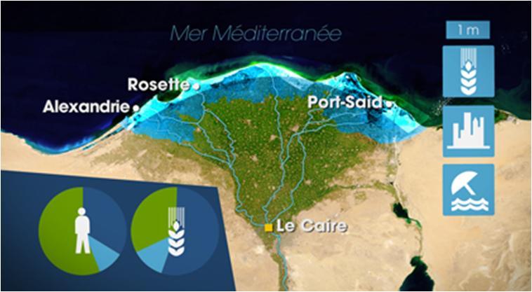 la Montée des eaux dans le delta du Nil Si la mer monte de 1 mètre dans les 30 ou 40 ans qui viennent, 15 % des