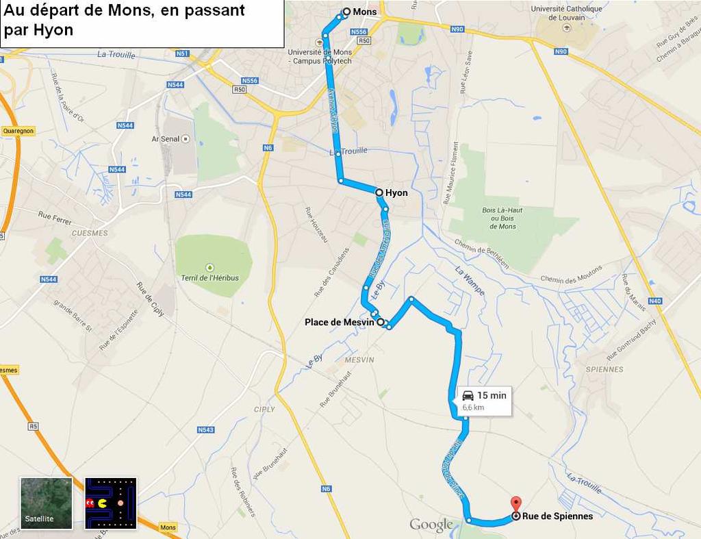 Itinéraire 3 : Au départ de Mons, en passant par Hyon 1. Vous êtes sur le ring de Mons (R50), au Boulevard Albert-Elisabeth, prendre la direction de Hyon. 2.