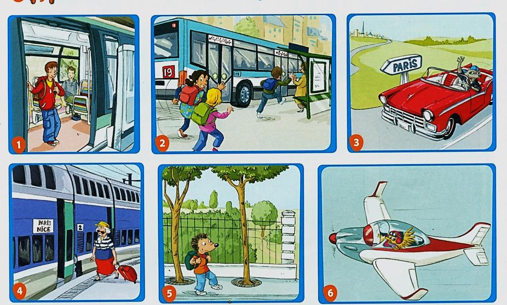 5) Regarde les images et écris des phrases : Félix va à l école en métro. Lila va à l école en bus.
