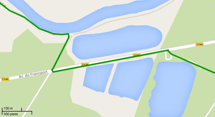 Section E croisement de la D546 - fin de piste le long de la D546 // PK 7,1 Source : tracé réalisé par l AU5V dans Google Map Maker, données cartographiques Google Largeur en site propre : moins de
