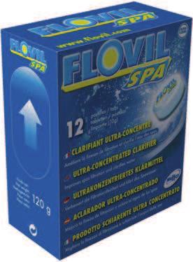 Flovil Spa Flovil Compatible filtres à cartouche et filtres à diatomées Blister de 9 pastilles de 10 gr Colisage 20 33 850 4000 7,40 HT Utilisation permanente : déposer 1 pastille dans le panier du