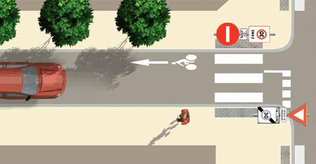 Signalisation d entrée zone 30 : rue à sens unique avec double sens cyclable sens tout véhicule, complétée par marquage.