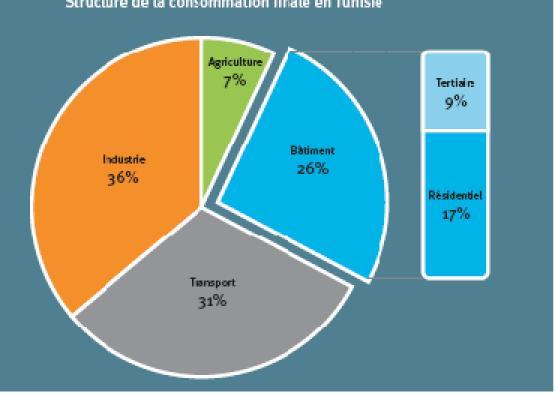 Enjeux énergétiques en bâtiment Contexte et enjeux énergétiques Poids du secteur du bâtiment en Tunisie Le bâtiment, 27% de la consommation d énergie finale [Source