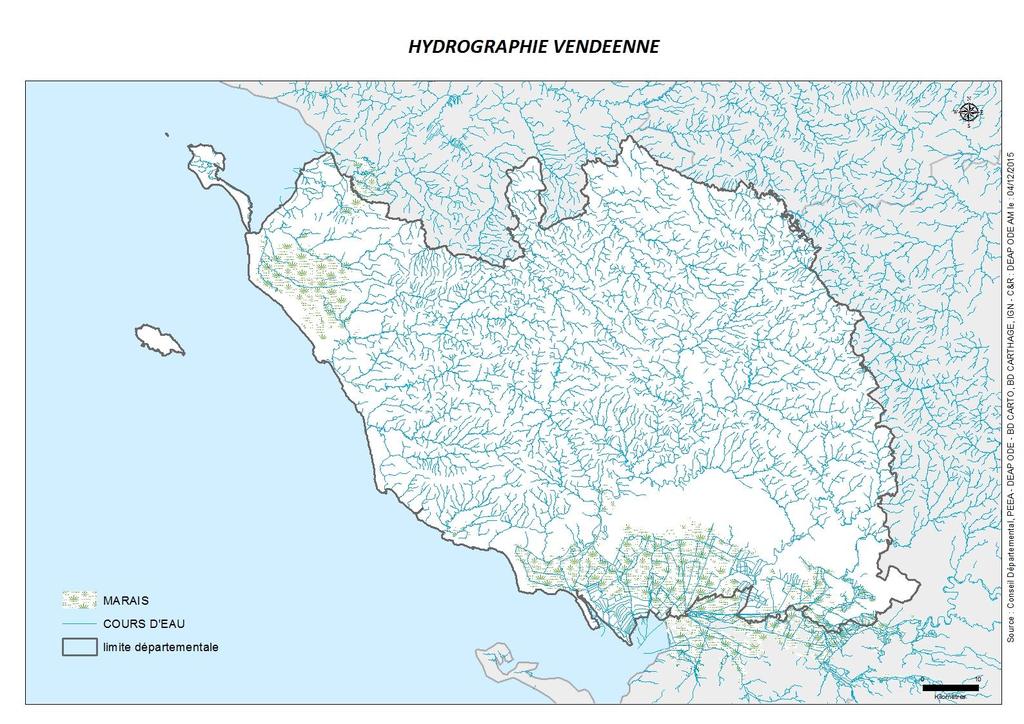Caractéristiques principales de la Vendée - 120 000 ha de marais, soit 20% de la superficie du Département - plus de 5 000 km de cours d eau - un patrimoine diversifié mais fragile, à préserver et à