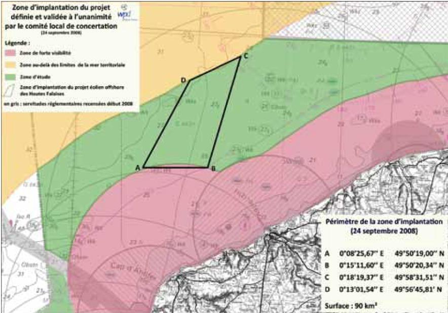 Le parc éolien de Fécamp: zone d implantation Limite des eaux territoriales françaises Zone d étude Zone d exclusion visuelle