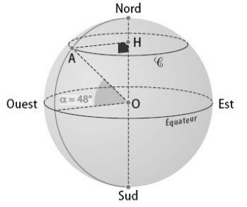 Exercice 9 : 1) On considère un point A situé sur la parallèle de latitude 48 Nord, que l on note C. a) Donner une mesure de l angle AOH AOH = 90 48 = 42 b) En déduire le rayon du cercle C.