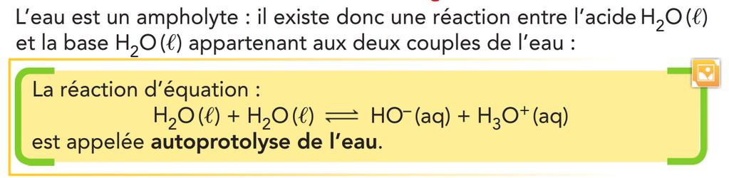 L -1 ) 1) Equation de la réaction d autoprotolyse de l eau L autoprotolyse est une réaction non totale et très limitée : on dénombre un ion oxonium pour 3,6 milliards de molécules d eau.