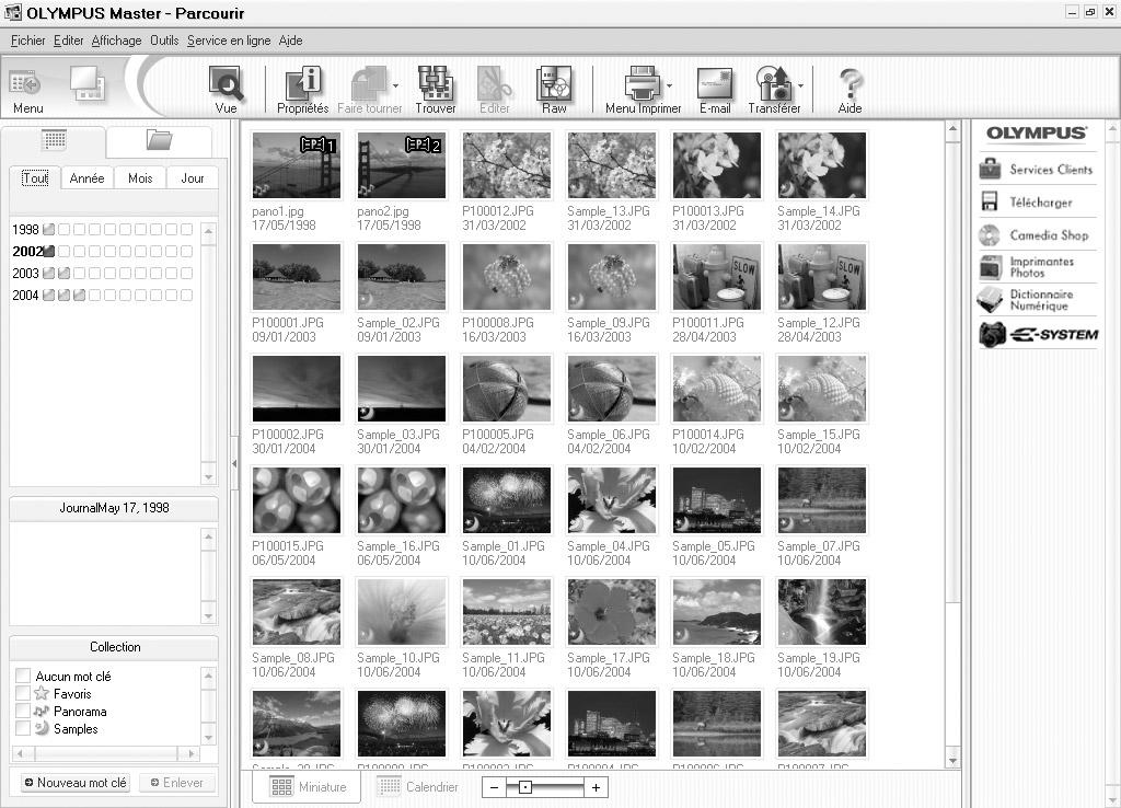 Affichage de photos et de vidéos 1 Dans le menu principal de OLYMPUS Master, cliquez sur Parcourir les images. La fenêtre Parcourir apparaît.