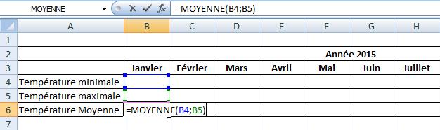 c) Dans la cellule de B6 on calcule la moyenne de la température minimale et de la température maximale du mois de janvier par la formule «= MOYENNE(B4;B5)».