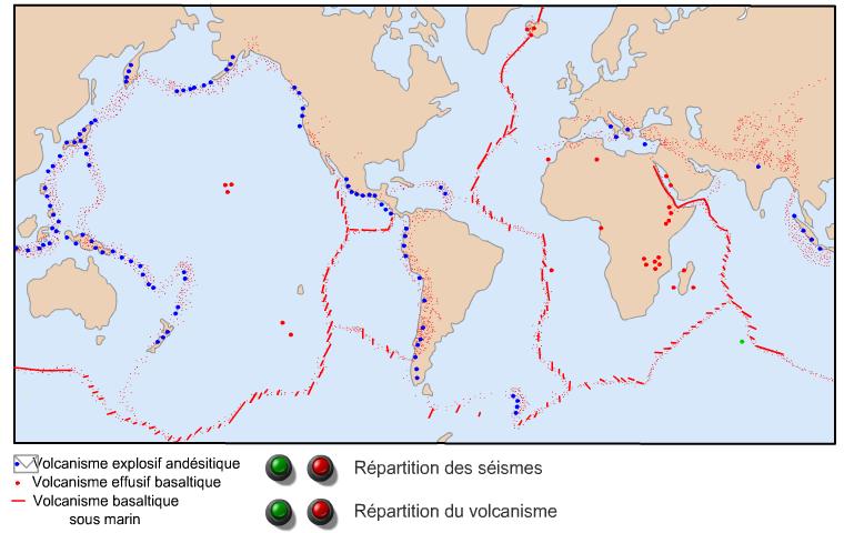 La répartition des séismes et des volcans
