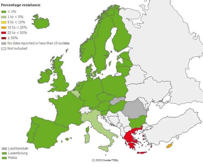 E. coli et K. pneumoniae : proportion de souches invasives résistantes aux carbapénèmes, Europe, 2009 % d isolats de E.