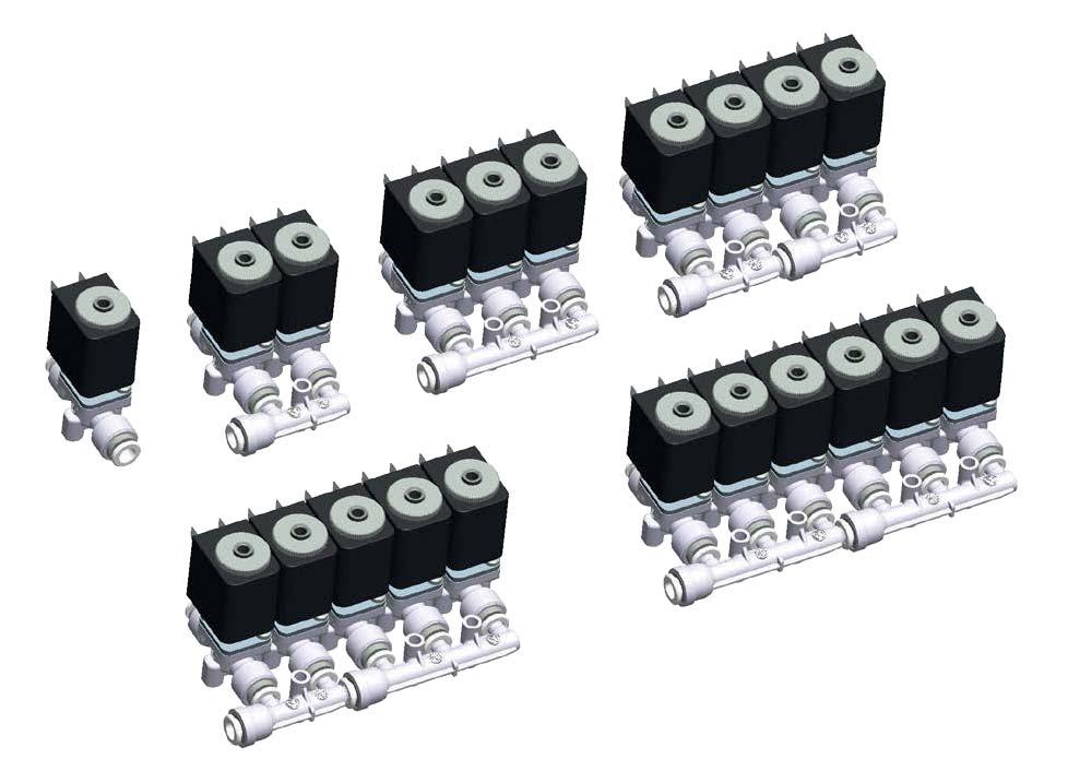 Seulement 4 types de manifold avec connexions rapides pour tube 6 mm sont nécessaires pour réaliser tous types de montages.