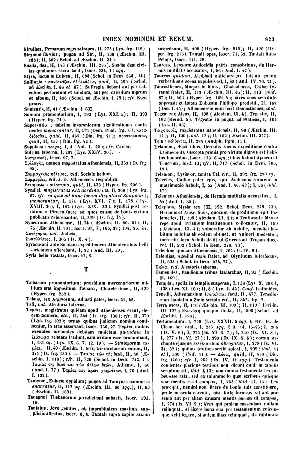 INDEX NOMINUM ET REllUM. strumes, Persarum regis satrapes, Il, 275 (Lys. fig. 119). strymon tiuvius; pugna ad Str., Il, 130 (Æschin. III. 183); Il, 502 ( Schol. ad Æschin. Il. 31).