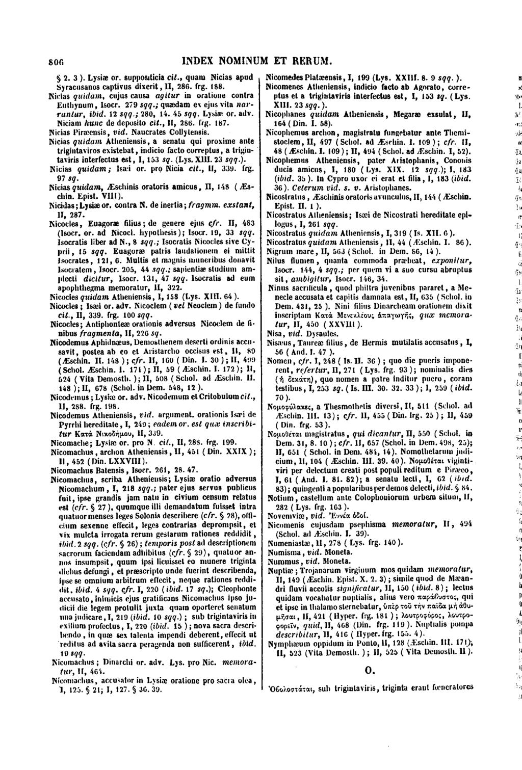 806 INDEX NOMINUM ET REBUM. s 2. 3 ). Lysiæ or. supposition cil., quam Nicias apud Syracusanos captivus dixerit, II, 286. frg. 188. Nictas quidam.