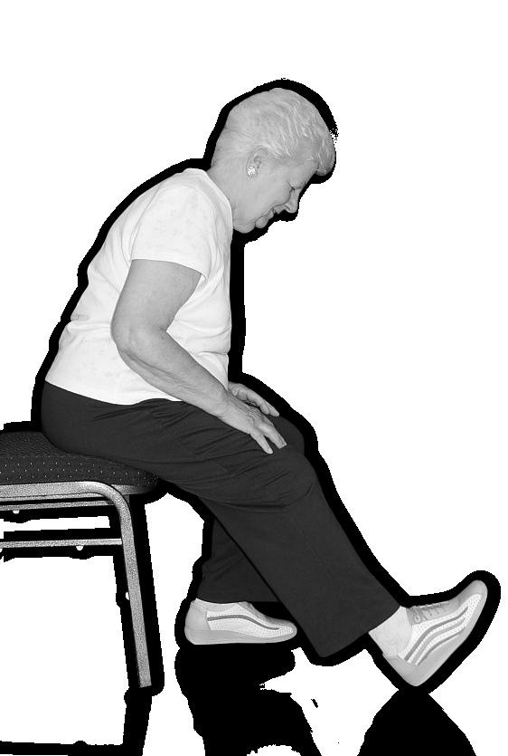 F_Assouplissement/relaxation 4. Étirer la jambe Assis au centre de la chaise, les mains sur les cuisses.